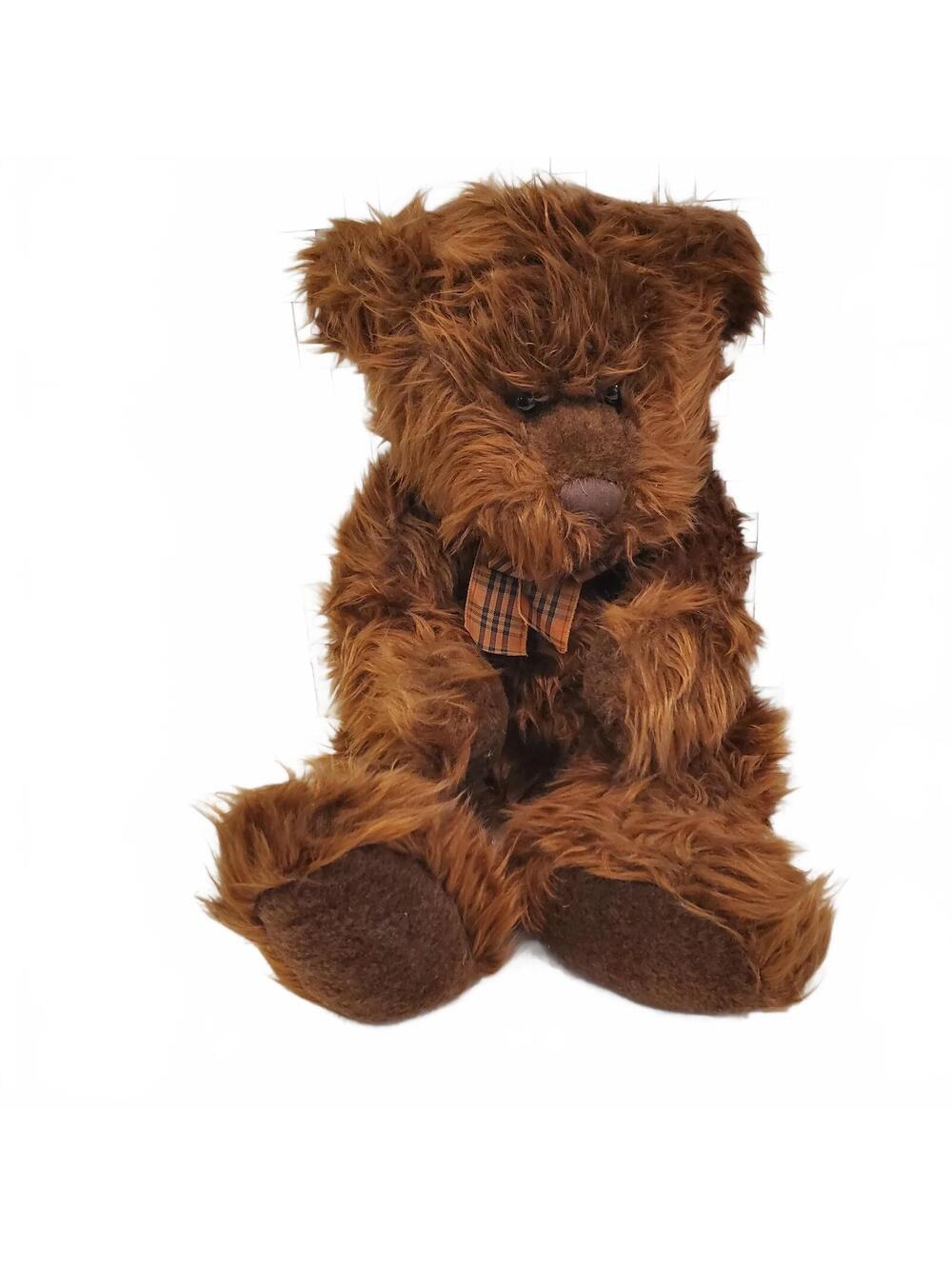 Beresford Russ brown teddy bear plush with plaid bow 16"